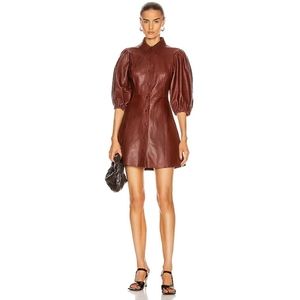 Ganni Balloon Sleeve Leather Mini Shirt Dress Size 34/2